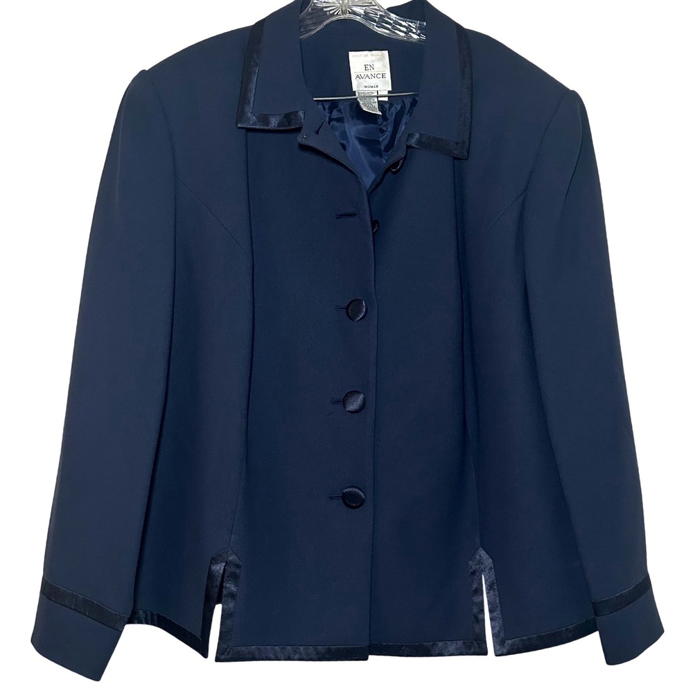 En Avance Woman Navy Blue Satin Trim Blazer Jacket Plus Size 24W Made in USA